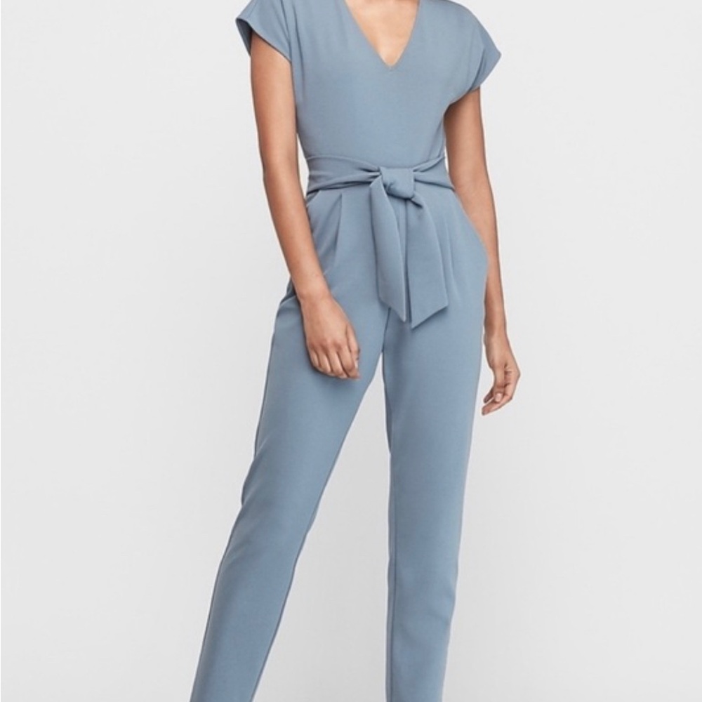 Express Slate Blue V-Neck Jumpsuit